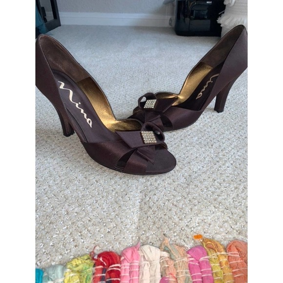Nina Chocolate Brown Rhinestone Peep Toe Heels - Picture 5 of 12